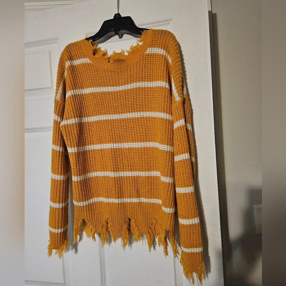 Mustard Striped Frayed Hem Sweater